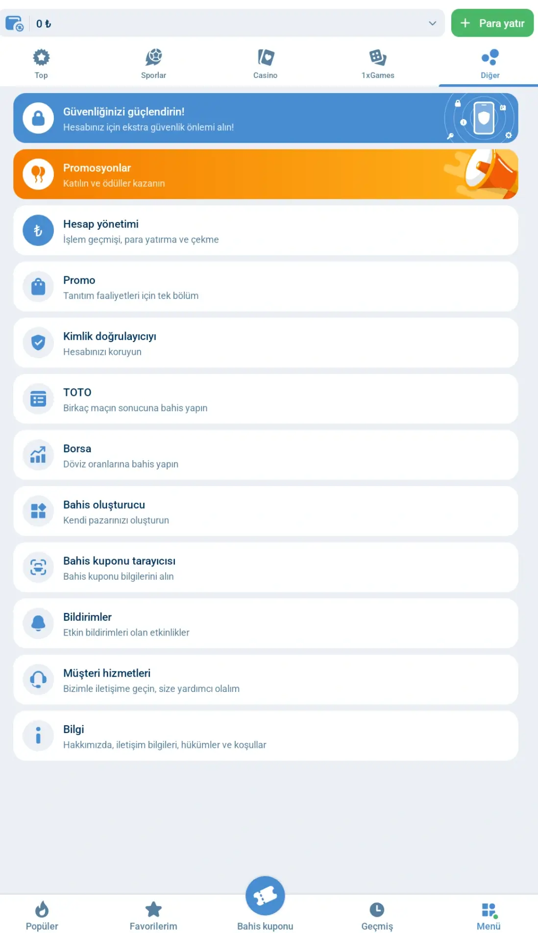 1xBet menü ekranı